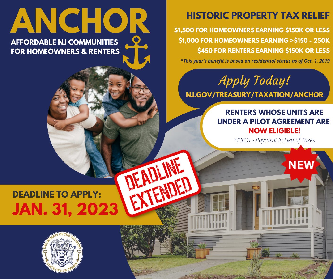 Ewing New Jersey ANCHOR Property Tax Relief Program Deadline Extended